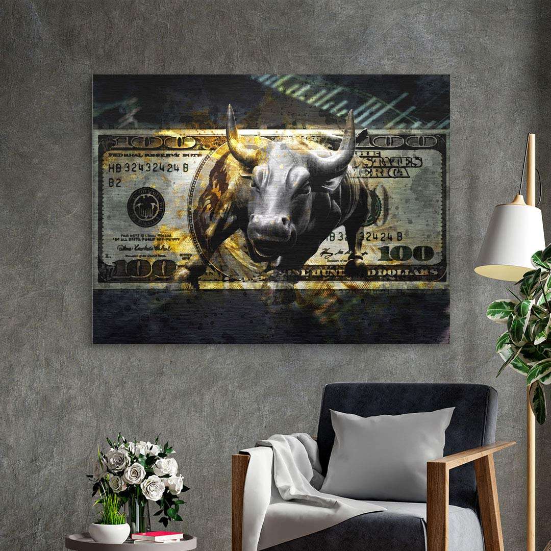 Wandbild mit Stier und US-Dollar Schein, modernes Kunstwerk für Wohnzimmer Inspiration