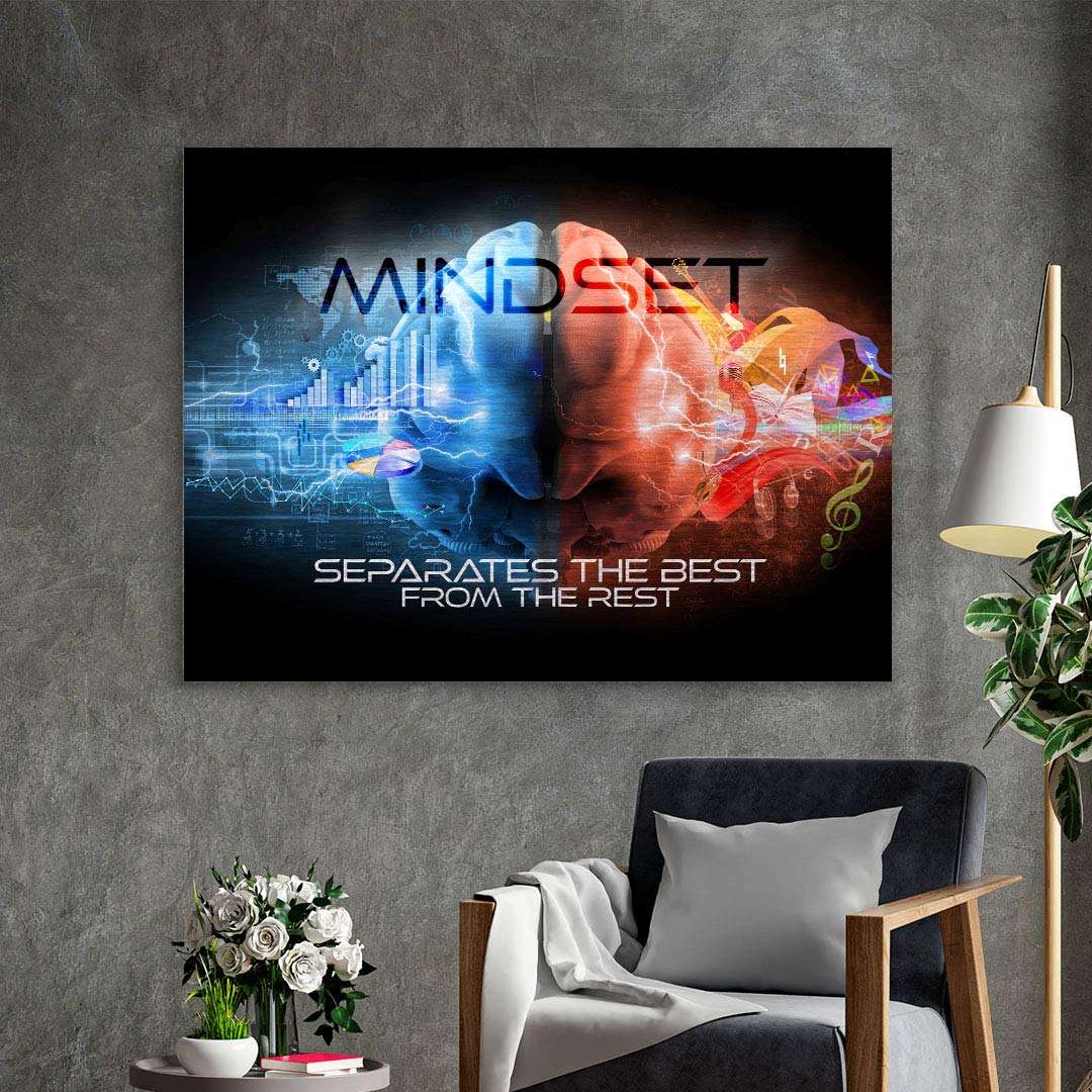 Modernes Wandbild mit bunter Gehirn-Illustration und Motivationsspruch, Wohnzimmerdeko