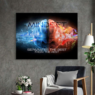 Modernes Wandbild mit bunter Gehirn-Illustration und Motivationsspruch, Wohnzimmerdeko