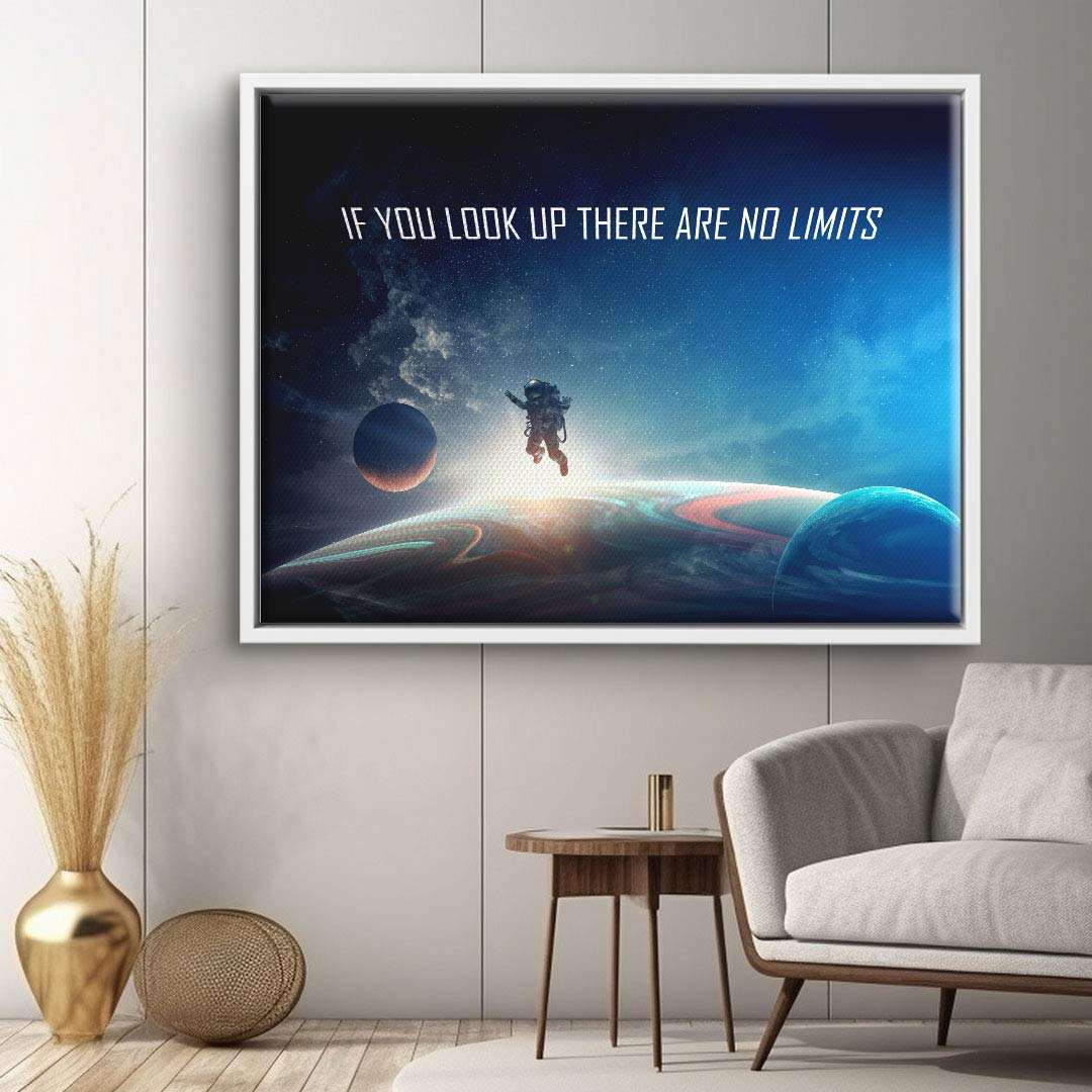 Modernes Wandbild mit Astronaut im Weltall, Planeten und Spruch, Leinwand Kunst im Wohnzimmer