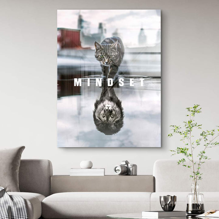 Modernes Wandbild mit Katze und Löwen-Reflexion, Motivationsbild Mindset im Wohnzimmer