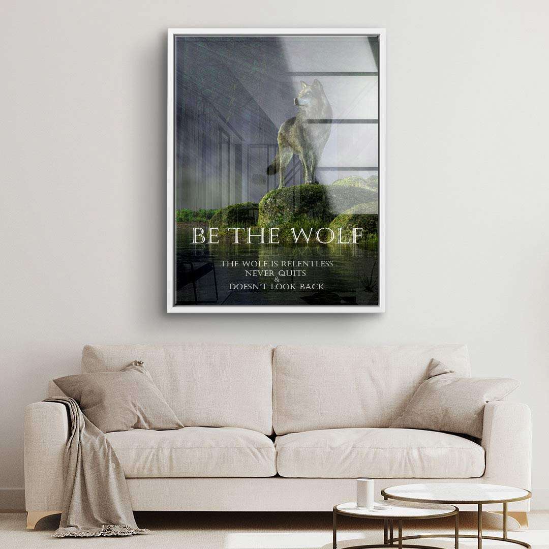 Modernes Wandbild mit Wolf und Motivationsspruch über Sofa, Kunst für Wohnzimmer