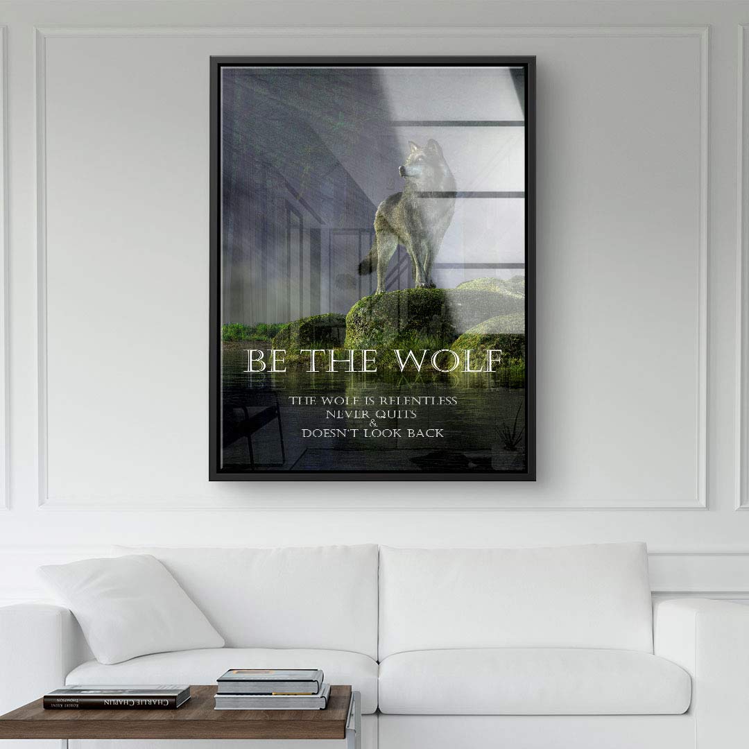 Modernes Wohnzimmer mit Leinwandbild Wolf, Motivationsspruch, Natur, Wandkunst