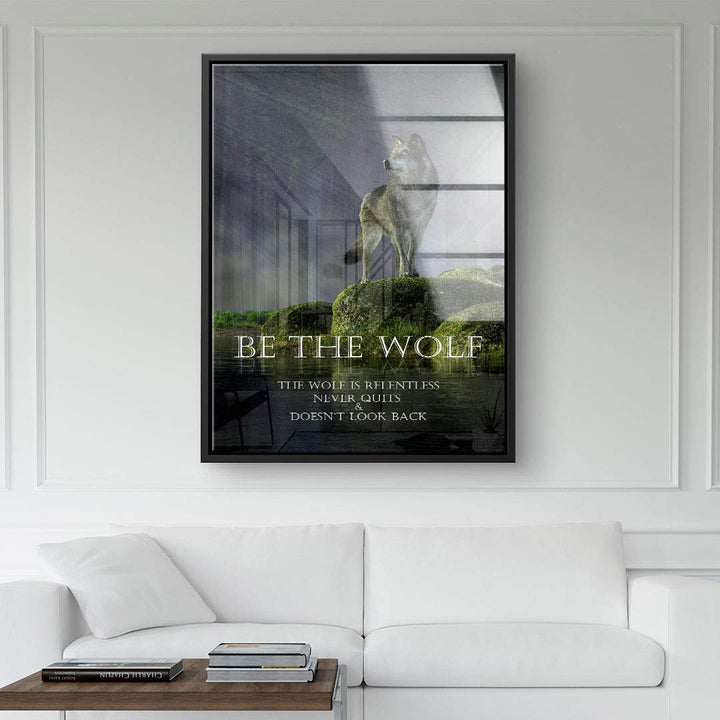 Modernes Wohnzimmer mit Leinwandbild Wolf, Motivationsspruch, Natur, Wandkunst