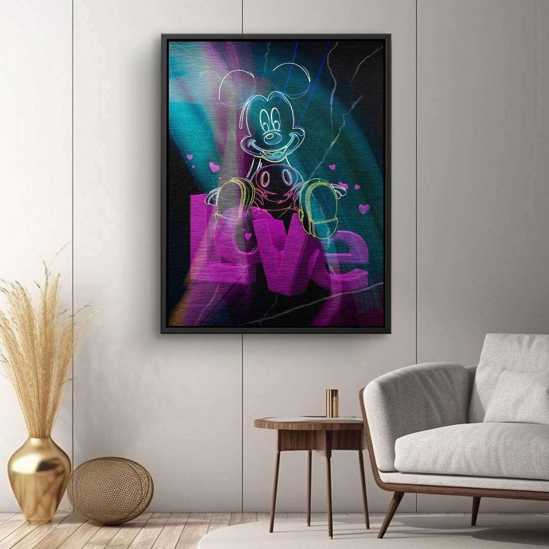 Modernes Wandbild mit bunter Comicfigur, LOVE-Schriftzug, Neonfarben, abstrakte Kunst