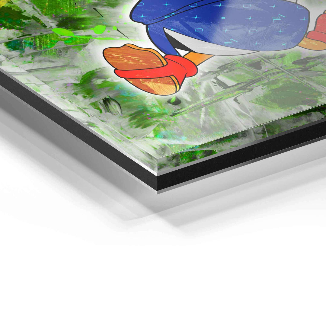 Detailaufnahme Acrylglas-Wandbild mit Comicfigur und grünem abstrakten Hintergrund