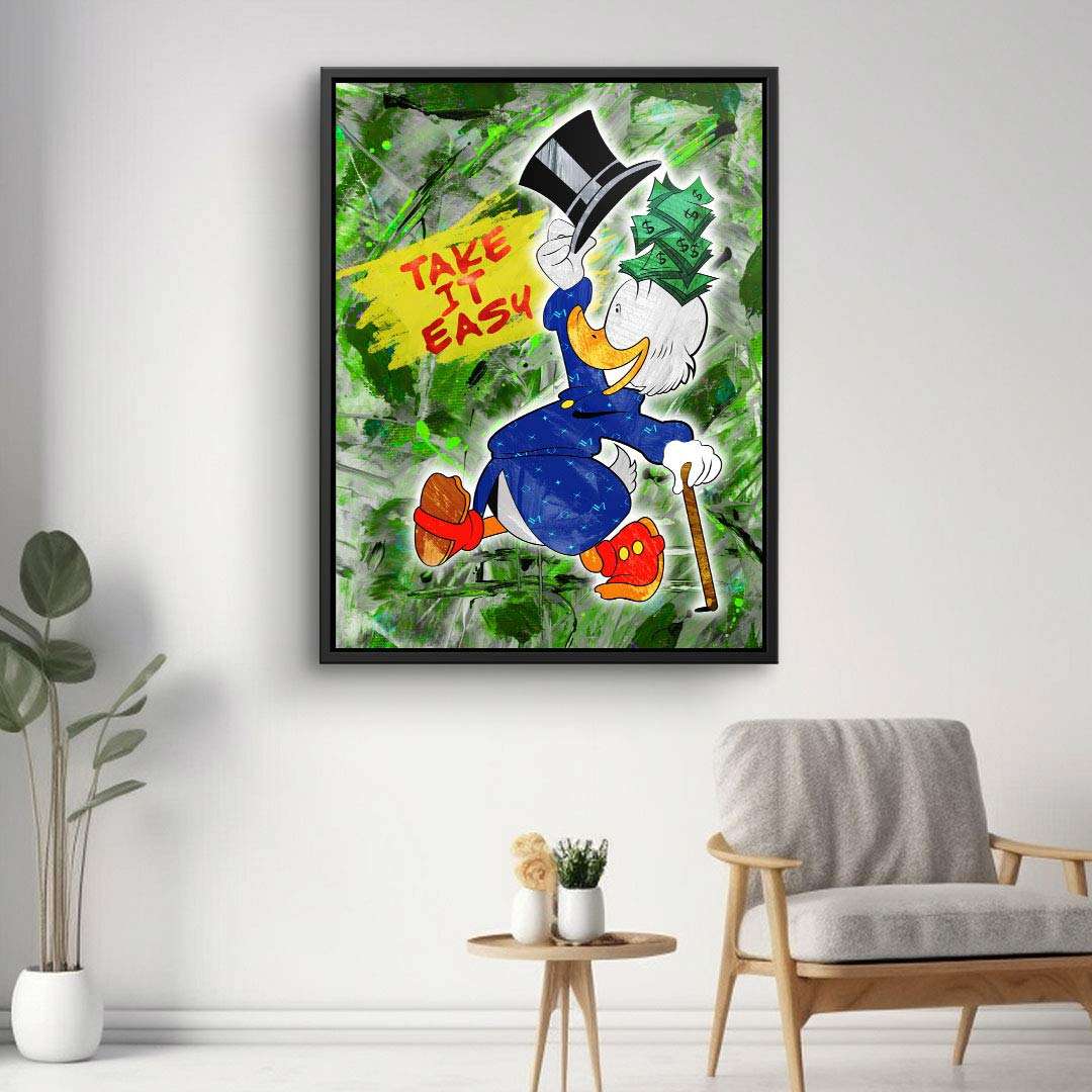 Modernes Wandbild im Pop-Art-Stil mit Comic-Ente, Zylinder und Geld, Text 'Take it easy'.