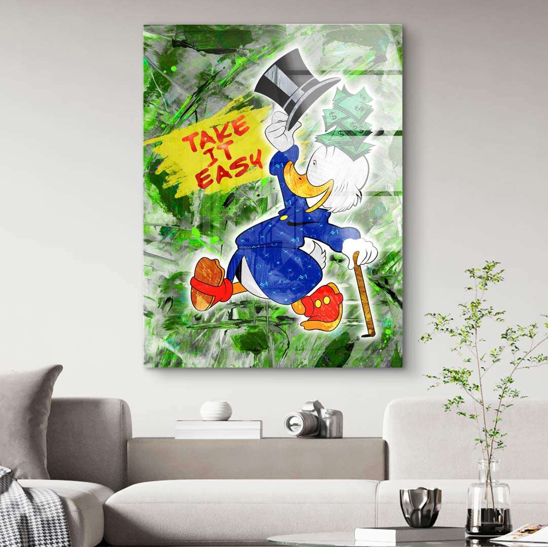 Wandbild mit Comic-Ente im blauen Anzug, Stock, Geldscheinen, Schriftzug Take It Easy, Pop Art Stil
