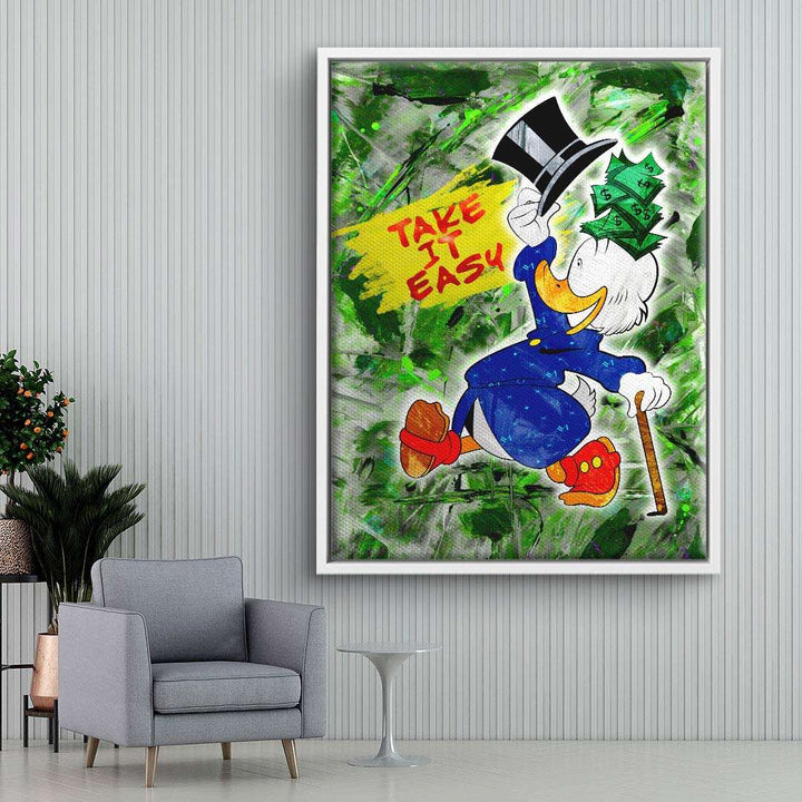 Modernes Wandbild mit Comic-Ente, Zylinder und Geldschein, Schriftzug 'Take it easy', Pop Art Stil, grüne Hintergrundstruktur.