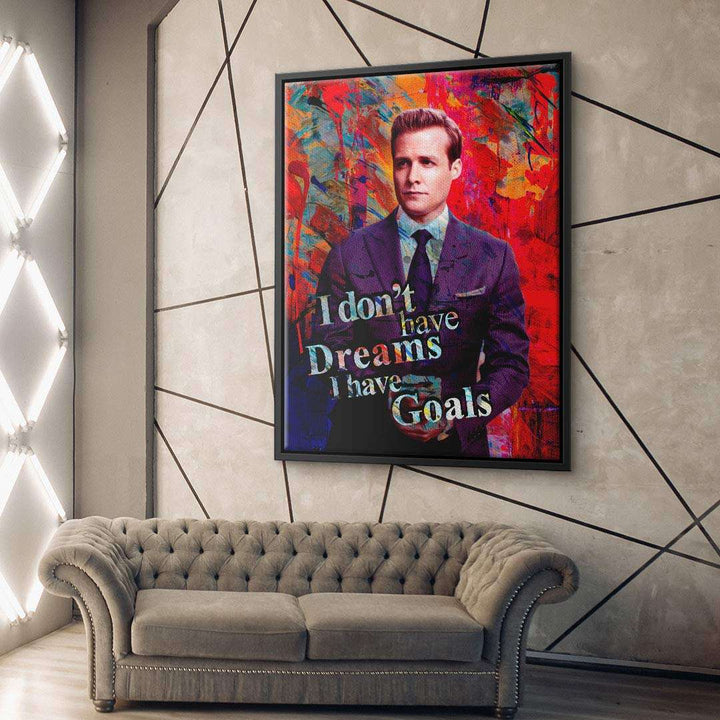 Modernes Motivations-Wandbild mit Anzugträger und Spruch vor buntem Hintergrund über grauem Sofa.