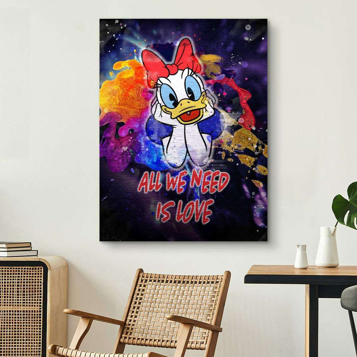Pop Art Wandbild mit Comic-Ente, bunter Spritzoptik und Schriftzug 'All we need is love'