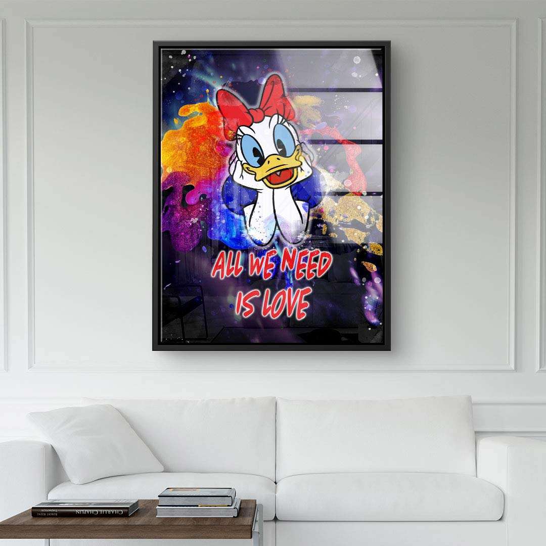Modernes Wandbild mit Comic-Ente, buntem Graffiti-Hintergrund und Spruch 'All we need is love'