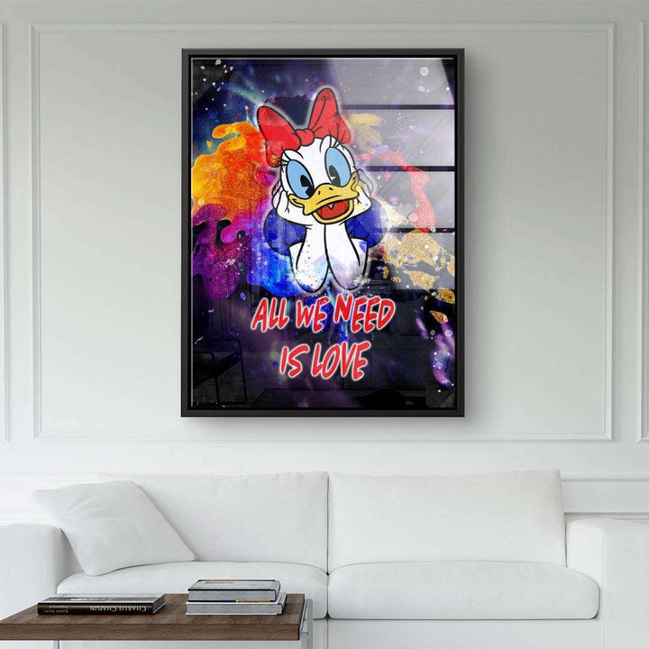 Modernes Wandbild mit Comic-Ente, buntem Graffiti-Hintergrund und Spruch 'All we need is love'