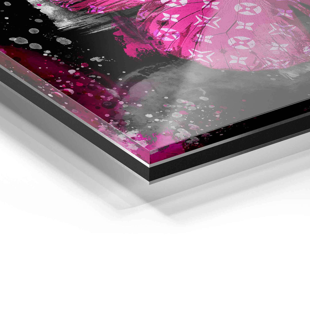Detailaufnahme eines modernen Acrylglas-Wandbilds mit abstrakten pinken und schwarzen Farbakzenten