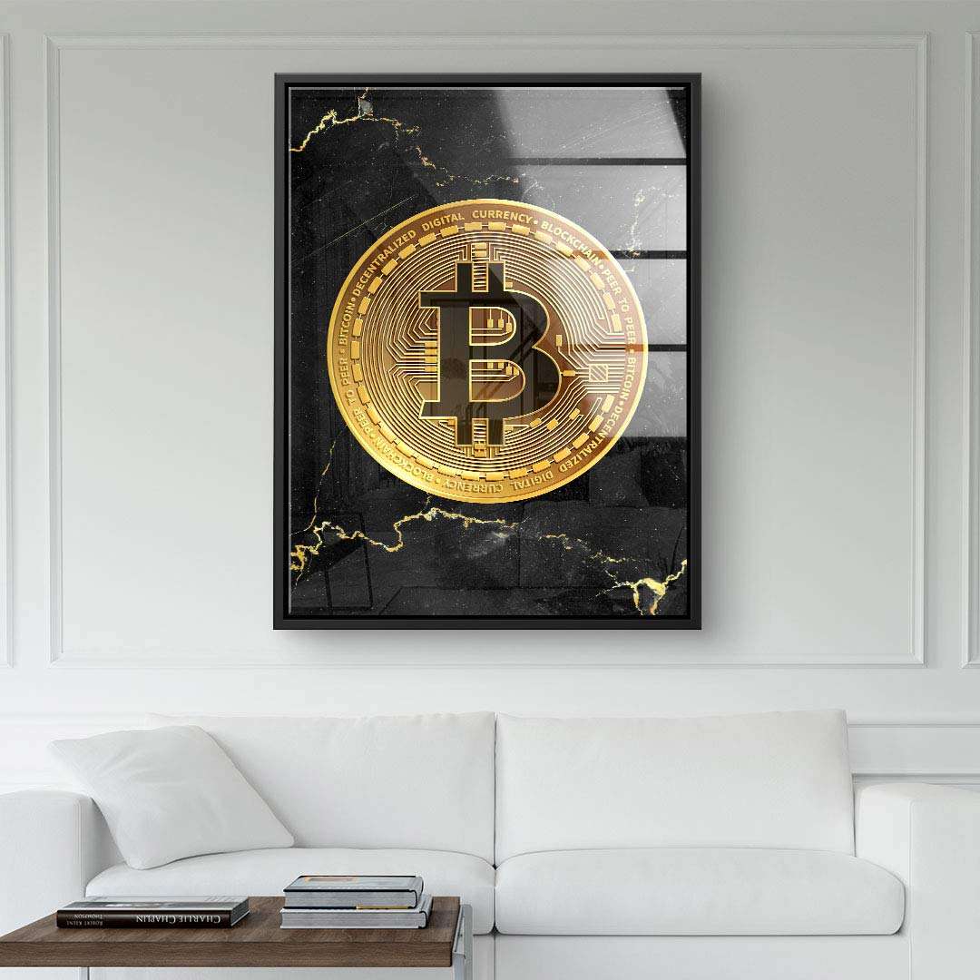 Modernes Wandbild mit goldener Bitcoin-Münze auf schwarzem Marmor-Hintergrund im Wohnzimmer