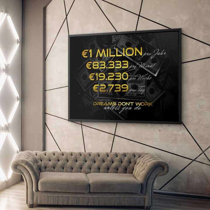 Modernes Wandbild mit Geldscheinen und motivierendem Zitat in Wohnzimmer über Sofa