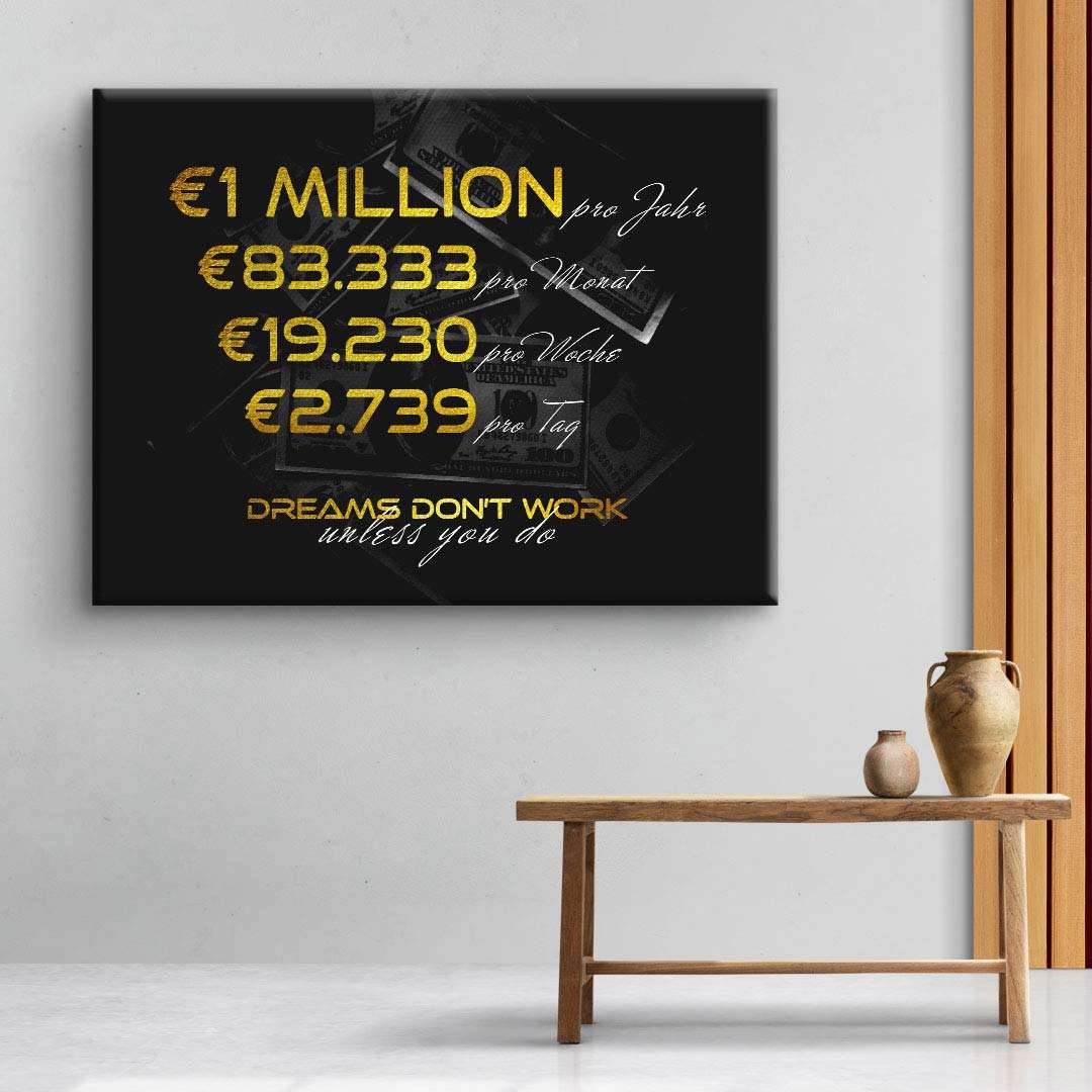 Modernes Wandbild mit goldener Motivationsschrift und Geldscheinen, lehnend an Wohnzimmerwand