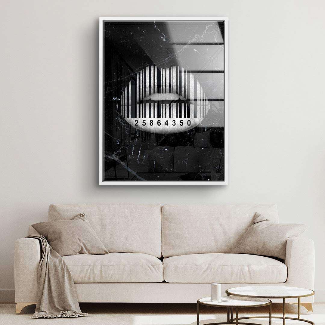 Modernes Wandbild mit Barcode-Lippen in Schwarz-Weiß über einem Sofa, Kunst Wohnzimmer