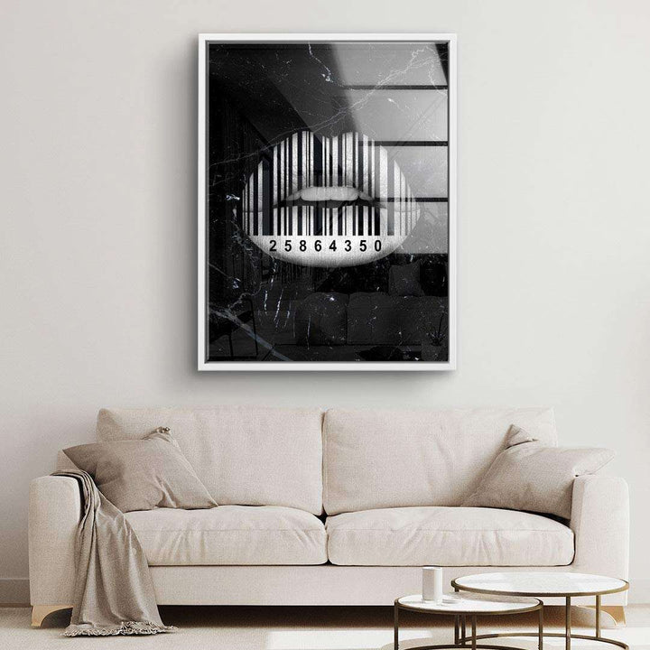 Modernes Wandbild mit Barcode-Lippen in Schwarz-Weiß über einem Sofa, Kunst Wohnzimmer