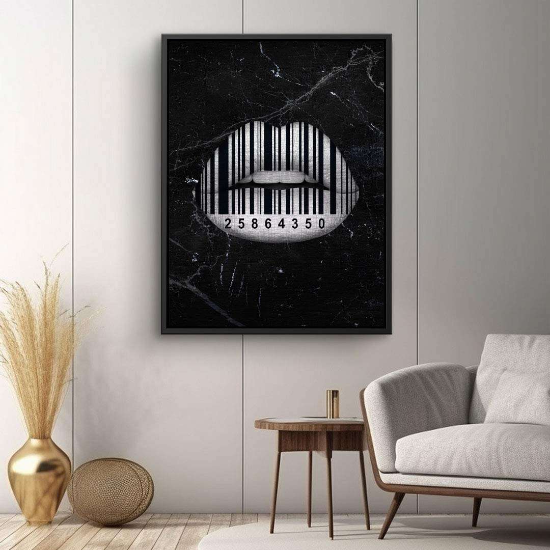 Modernes Wandbild mit schwarzen Lippen und Barcode auf dunklem Marmor-Hintergrund, Pop Art Deko