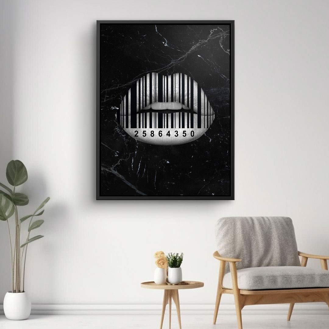 Modernes Wandbild mit schwarz-weißen Lippen und Barcode, Kunst auf Leinwand, Wohnzimmer
