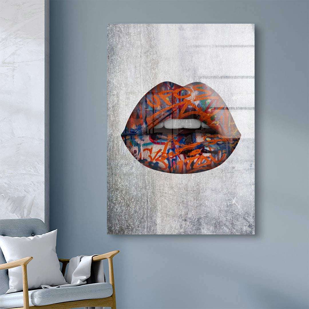 Modernes Wandbild mit Lippen-Motiv und buntem Graffiti auf Leinwand, Wohnzimmer Dekoration