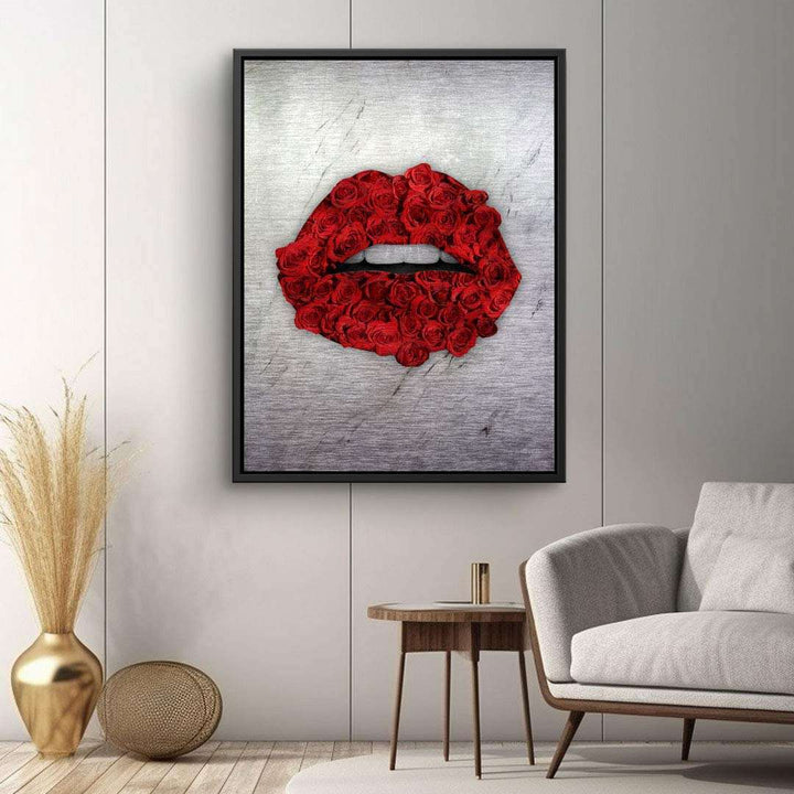 Wandbild mit roten Lippen aus Rosen auf silbernem Hintergrund, moderne Wohnzimmerdekoration