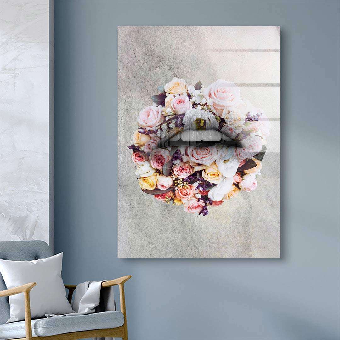 Modernes Wandbild mit Lippen aus Rosenblüten, Kunst auf Leinwand im Wohnraum