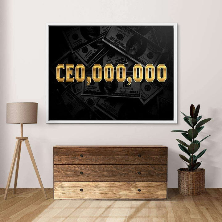 Moderne Wandkunst mit goldener Aufschrift CEO,000,000 auf Dollarhintergrund, Wohnzimmerdekor