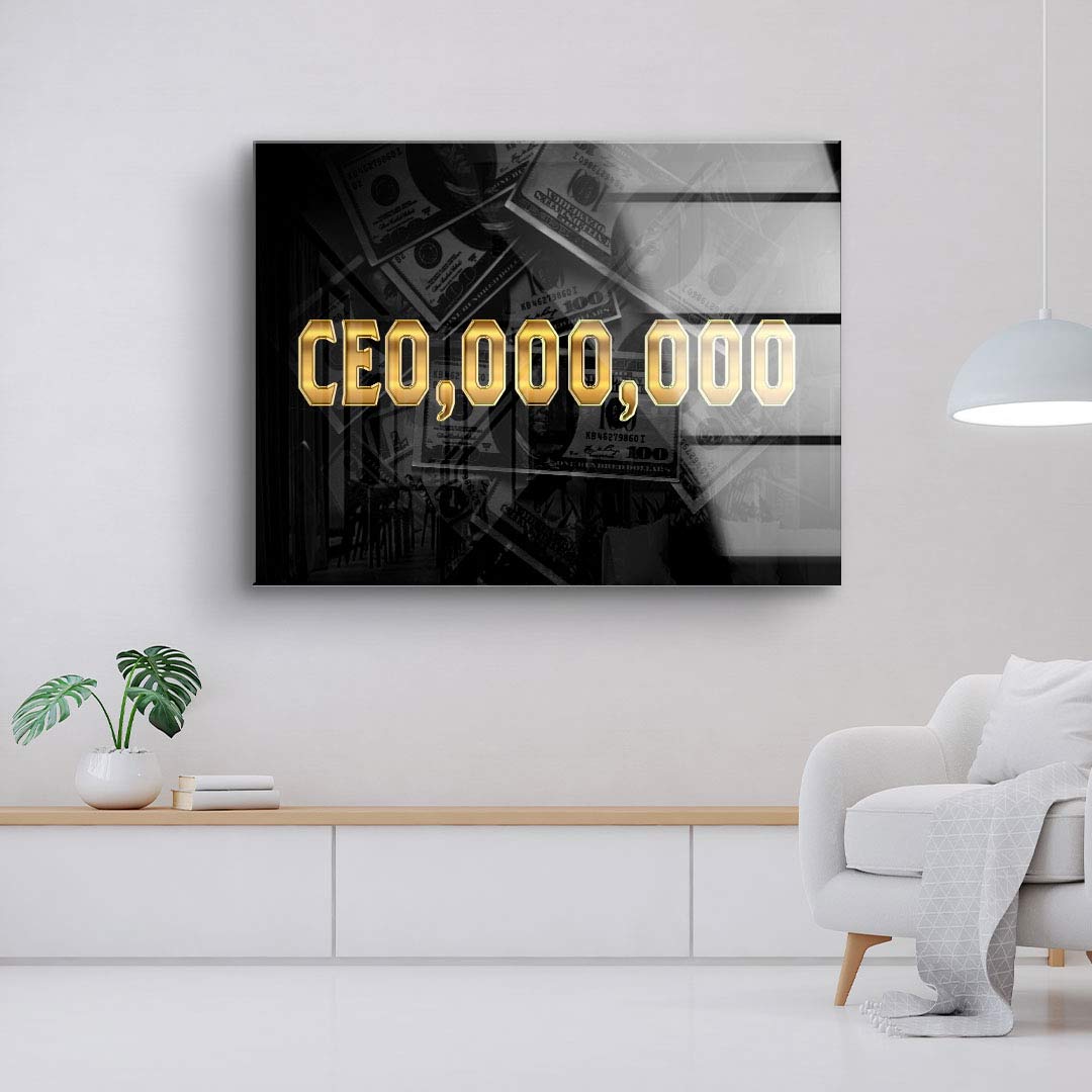 Modernes Wandbild mit goldener Aufschrift 'CEO,000,000' und Geldscheinen im Hintergrund, Wohnzimmer