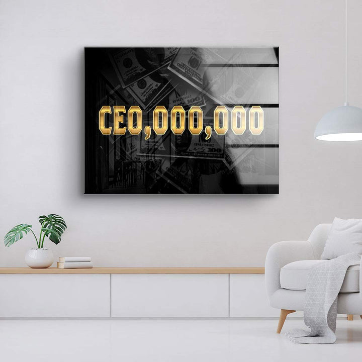 Modernes Wandbild mit goldener Aufschrift 'CEO,000,000' und Geldscheinen im Hintergrund, Wohnzimmer