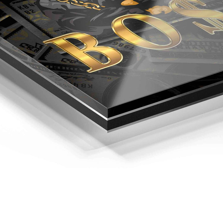 Detailansicht Acrylglas Wandbild mit goldenem Schriftzug und Geldschein-Motiv