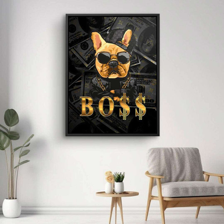Modernes Wandbild mit Hund im Boss-Stil, Sonnenbrille, Dollar-Motiven und Goldschrift