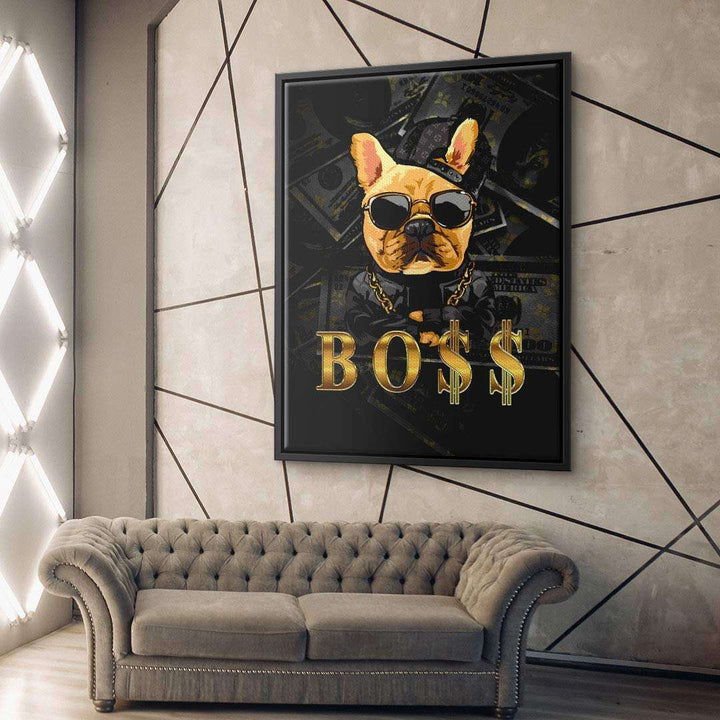 Wandbild mit Hund im Hip-Hop-Stil, Sonnenbrille, Goldkette und BOSS-Schriftzug, moderne Kunst