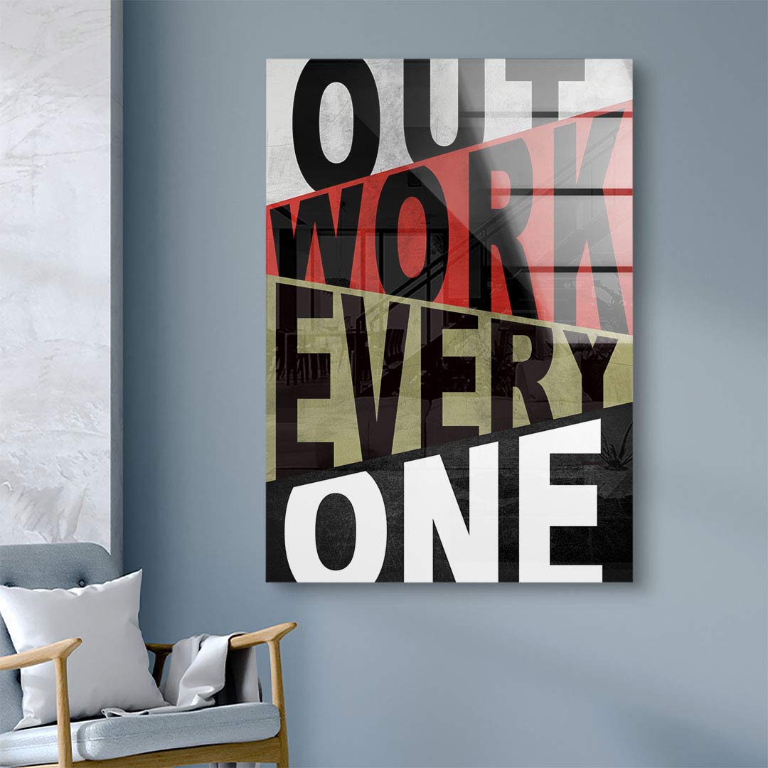 Modernes Wandbild mit motivierendem Schriftzug Outwork Everyone in Schwarz, Rot und Beige