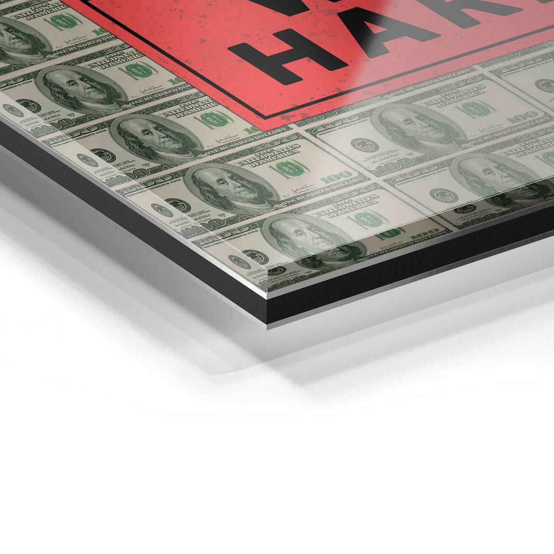 Detailansicht Acrylglas-Wandbild mit US-Dollar-Scheinen und rotem Motivationsschild
