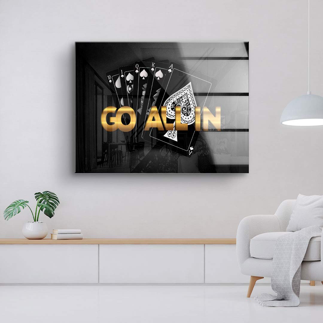 Modernes Wandbild mit Spielkarten und goldener Aufschrift Go All In, Wohnzimmer Deko