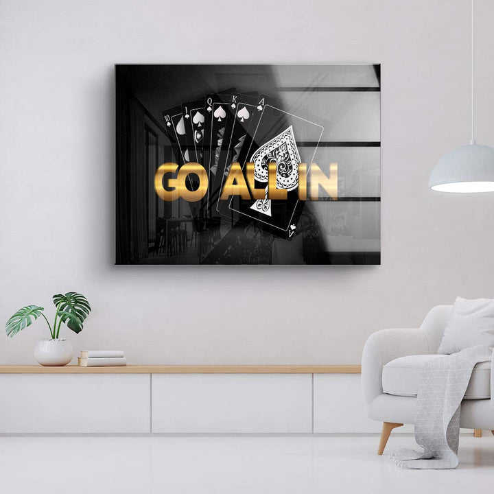 Modernes Wandbild mit Spielkarten und goldener Aufschrift Go All In, Wohnzimmer Deko
