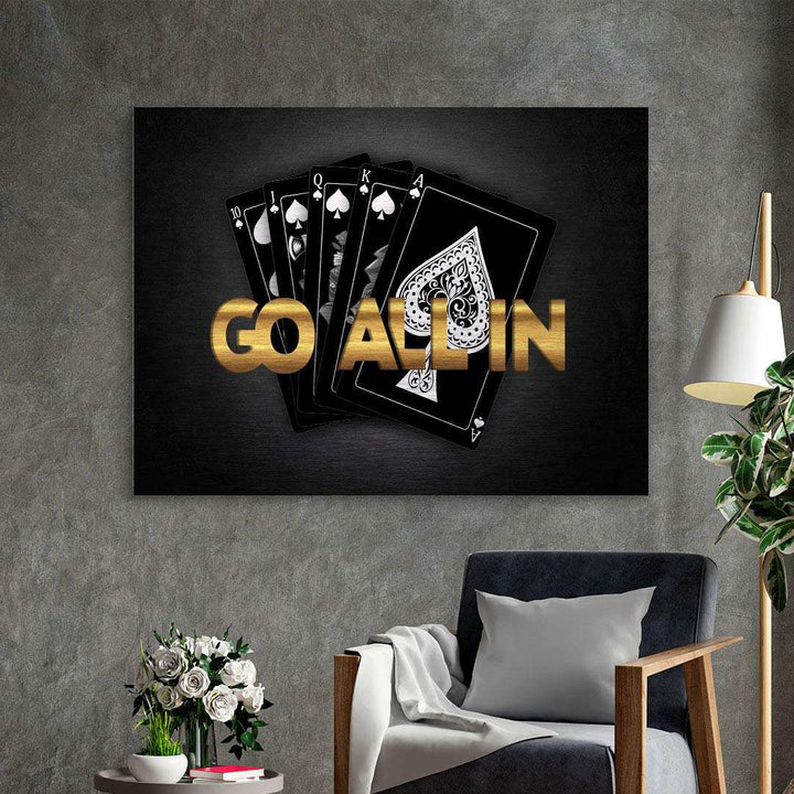 Modernes Wandbild mit Pokerkarten und goldener Aufschrift GO ALL IN, Wohnzimmer Dekoration