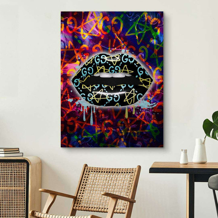 Buntes Wandbild mit grafischem Lippenmotiv, Graffiti-Stil, farbenfrohe Pop Art für Wohnzimmer