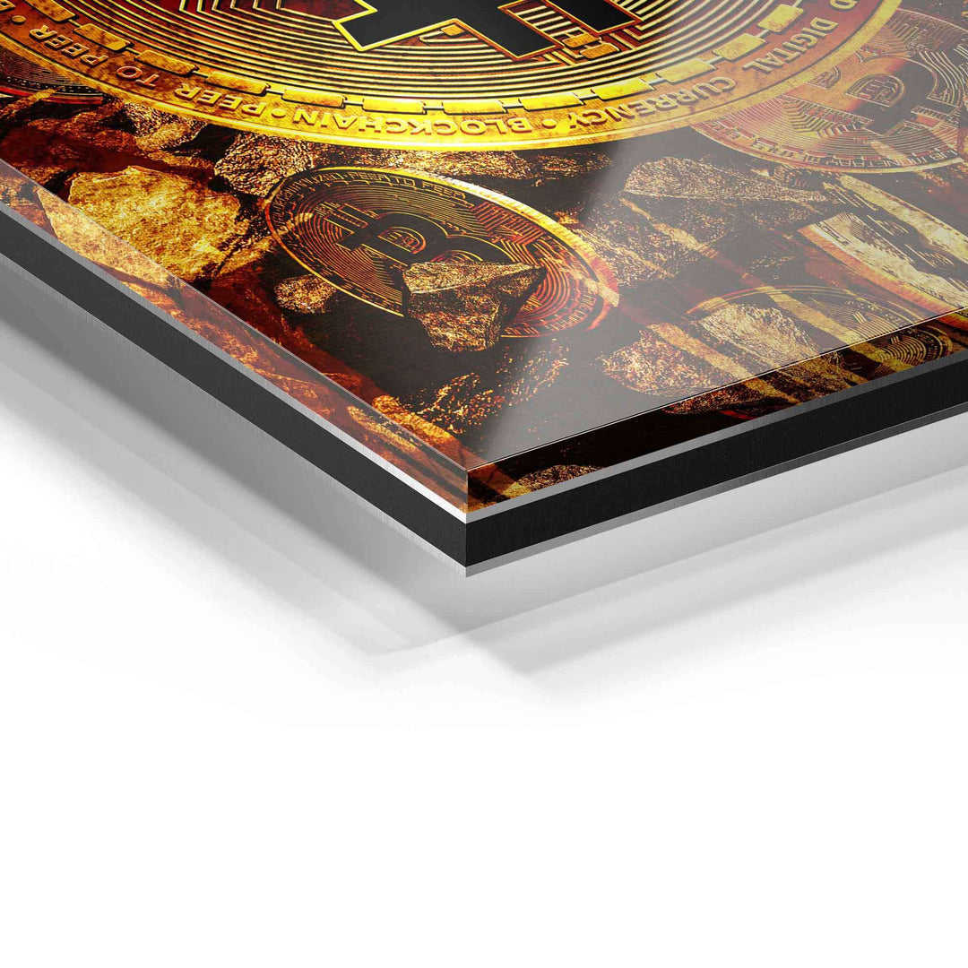 Detailaufnahme Acrylglas Wandbild mit goldenen Bitcoin-Motiven und Steinstruktur