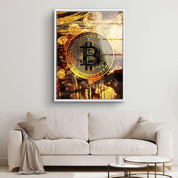 Modernes Wandbild mit goldener Bitcoin-Münze, abstraktes Design, Wohnzimmer-Dekoration