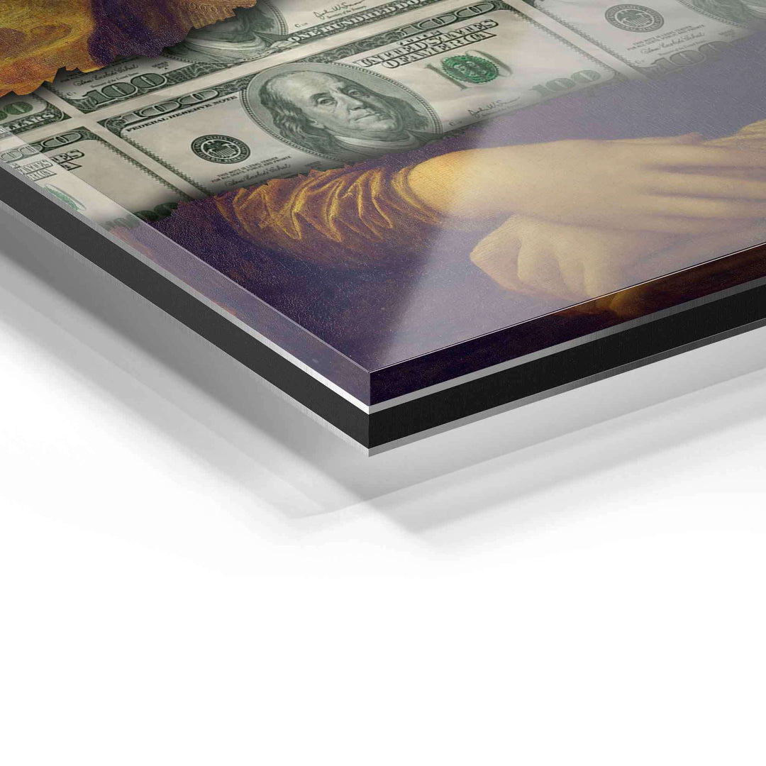 Detailansicht Acrylglas-Wandbild mit Motiv Mona Lisa und 100-Dollar-Scheinen
