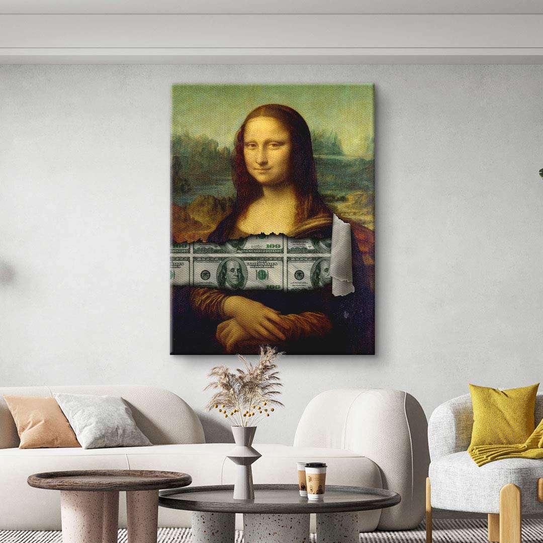 Modernes Wandbild mit Mona Lisa und US-Dollar-Motiv im Wohnzimmer, Pop Art Stil