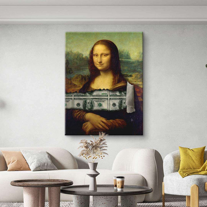 Modernes Wandbild mit Mona Lisa und US-Dollar-Motiv im Wohnzimmer, Pop Art Stil