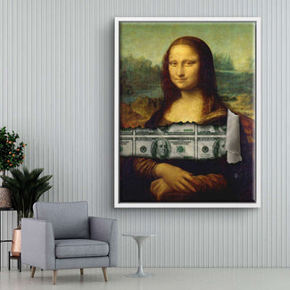 Modernes Wandbild mit Mona Lisa und Hundert-Dollar-Scheinen, Pop Art Kunst im Wohnzimmer
