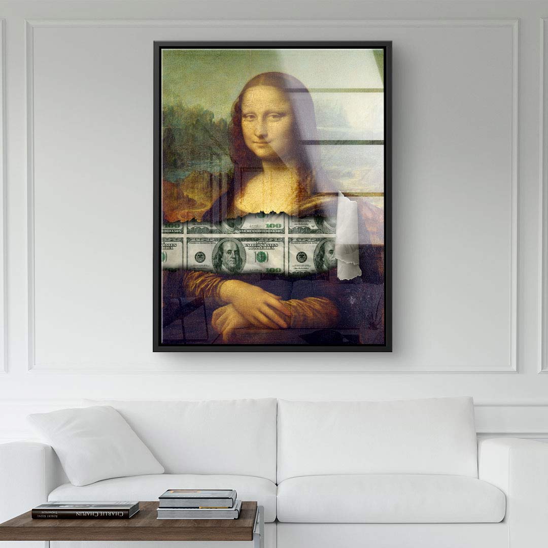 Modernes Wandbild im Wohnzimmer, Mona Lisa kombiniert mit US-Dollar-Schein, Kunstdruck auf Leinwand