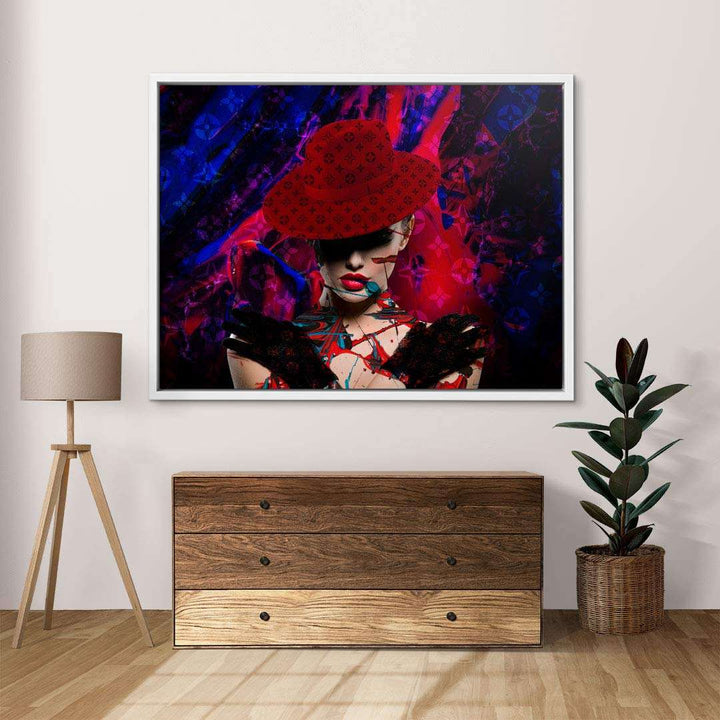 Modernes Wandbild mit Frau in rotem Hut vor abstraktem Hintergrund, Wohnzimmer Dekoration