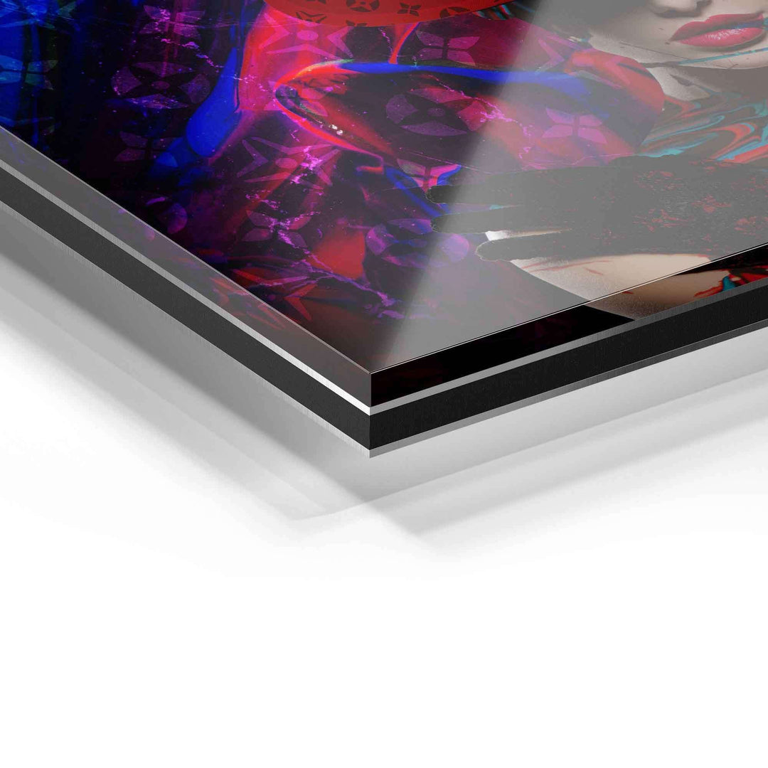 Detailansicht Acrylglas Wandbild mit buntem Pop Art Motiv, glänzende Oberfläche