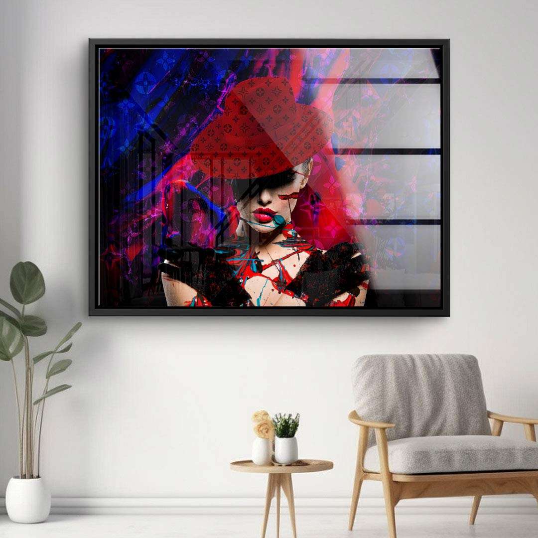 Modernes Wandbild mit Frau in rotem Hut, Pop Art Stil, abstrakte Farbakzente auf Leinwand